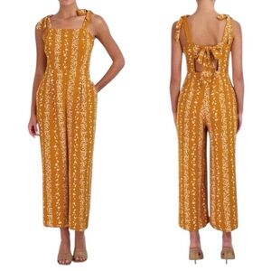 BCBG Paris Floral Tie Strap Jumpsuit XXL Mustard Wide Leg Boho Summer Romper